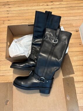 ASOS Black Leather Mid-Calf Heeled Harness Boots